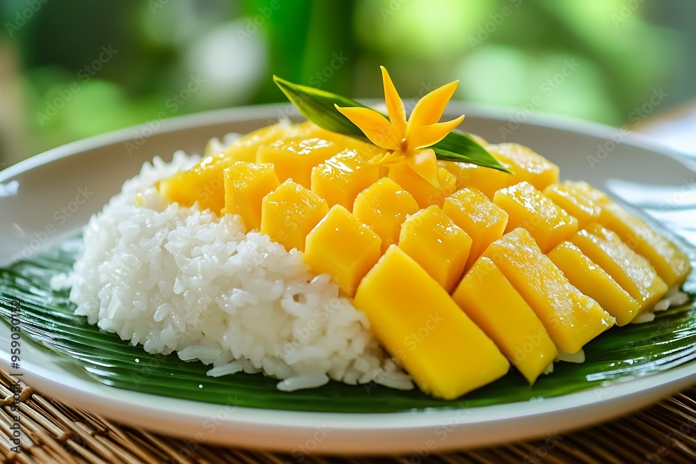 Exquisite Thai Sticky Rice Dessert with Coconut Milk and Mango Slices Close-up Shot Exquisite Thai Sticky Rice Dessert with Coconut Milk and Mango Slices Close-up Shot