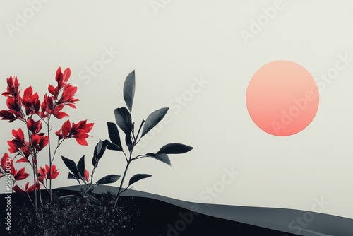 Red and Black Foliage Silhouette Against a Soft Pink Circle and White Background photo