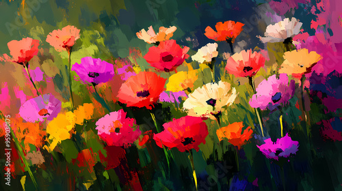 Field of flowers in an impressionist style painting. Impressionist. Illustration photo