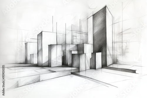 Architectural Sketch of a Building Complex with Shading