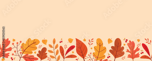 Obraz na płótnie Autumn background illustration vector. Flat background of autumn. Autumn banner with golden maple and oak leaves. Happy September, hello autumn, fall in love. w salonie