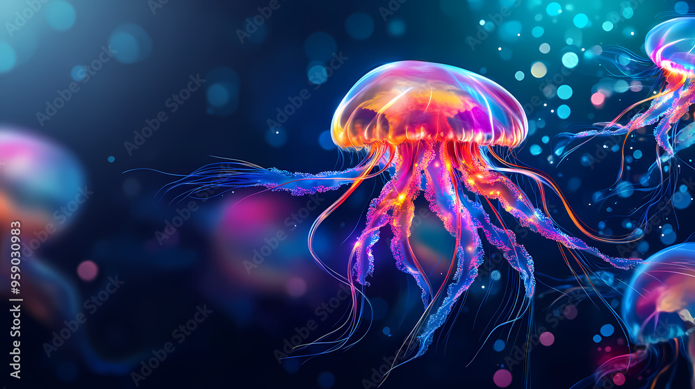 Jellyfish glow with colorful lights, hyperrealism, pattern, banner, place for text. Hyperrealism. Illustration Jellyfish glow with colorful lights, hyperrealism, pattern, banner, place for text. Hyperrealism. Illustration