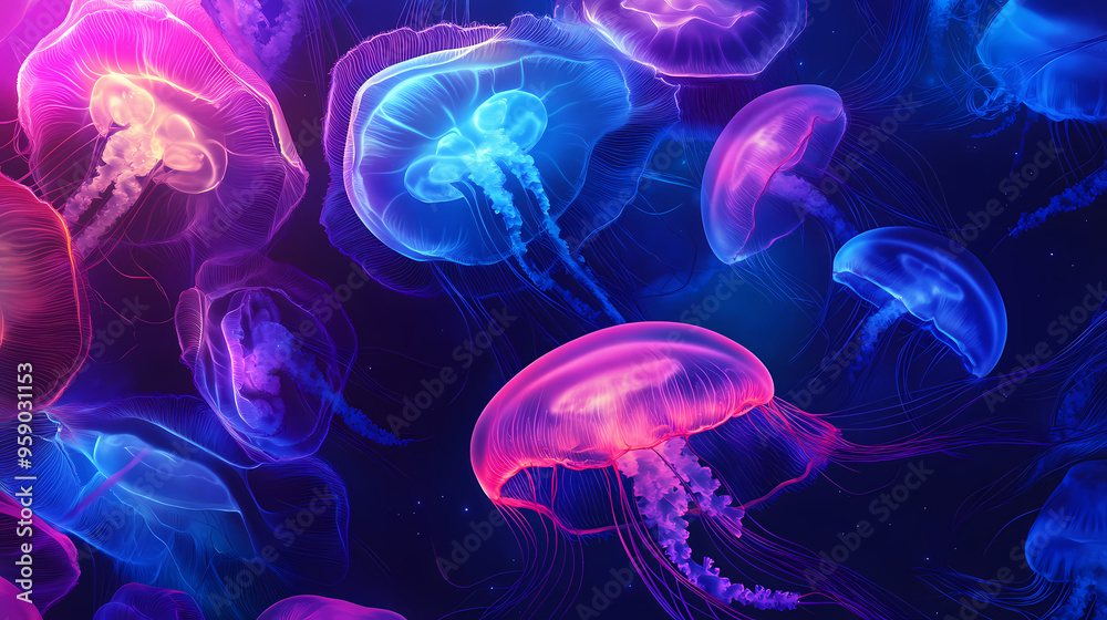 Fototapeta premium Jellyfish glow with colorful lights, hyperrealism, pattern, banner, place for text. Hyperrealism. Illustration