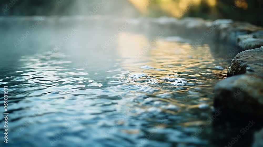 Obraz premium Tranquil Hot Spring Oasis: Clear Bubbling Water with Steam in a Serene Setting
