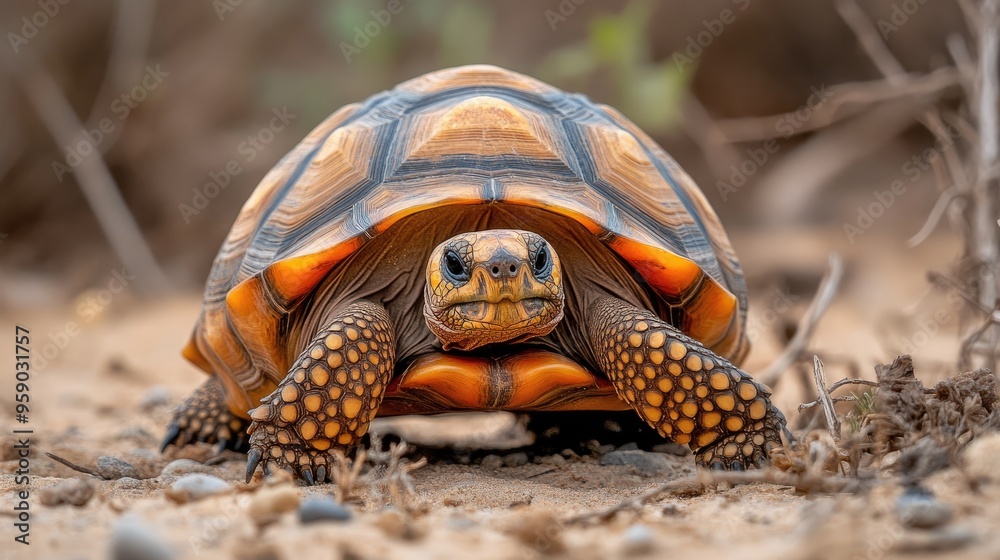 A close-up of a tortoise on sandy terrain, showcasing its vibrant shell and texture. A close-up of a tortoise on sandy terrain, showcasing its vibrant shell and texture.