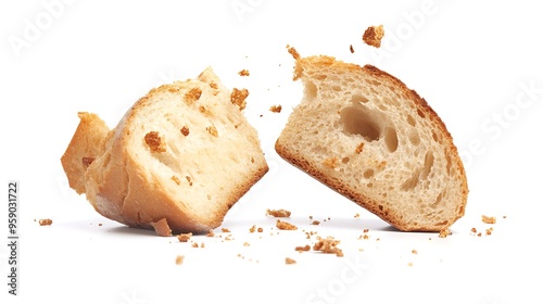 Crusty Bread with scattered crumbs on white background - High-resolution Close-up of Fresh Baked Bread Slices