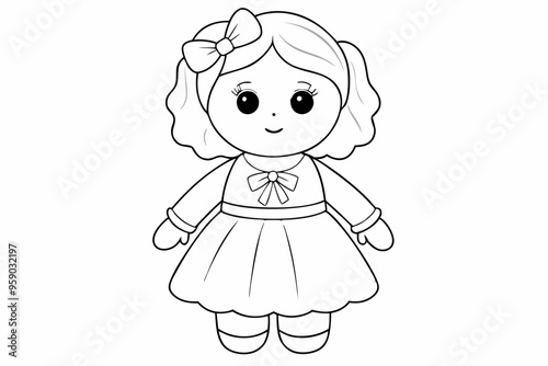 Cute cartoon girl doll outline for coloring, delightful design, fun activity, copy space