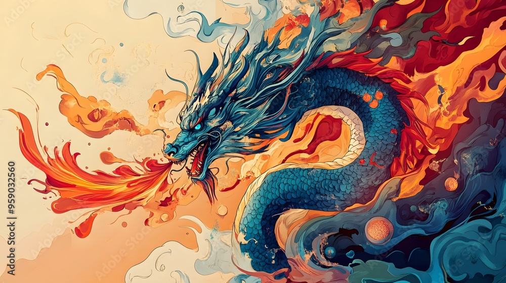 Chinese Zodiac Dragon with Fire and Water: A dragon intertwined with elements of fire and water, symbolizing its control over natural forces, illustrated in a dynamic and vibrant style.
Chinese Zodiac Dragon with Fire and Water: A dragon intertwined with elements of fire and water, symbolizing its control over natural forces, illustrated in a dynamic and vibrant style.
