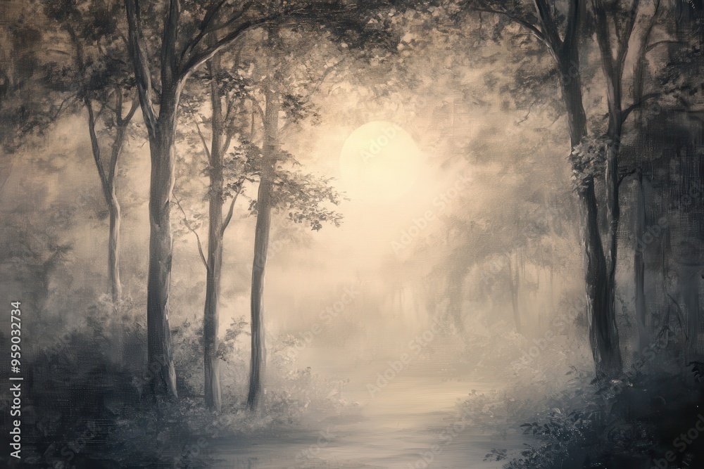 Misty Forest Path with Sunlit Clearing Misty Forest Path with Sunlit Clearing