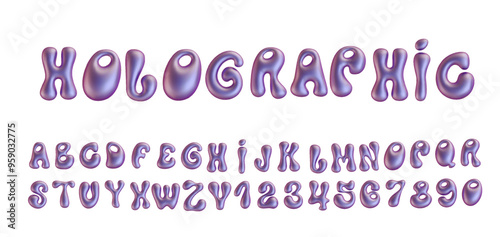 Holographic Liquid font set in metallic colors PNG. Realistic 3d inflated alphabet and numbers metal effect. Liquid metal chrome shaped