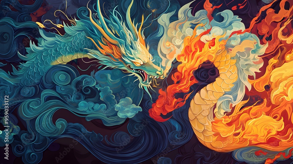 Chinese Zodiac Dragon with Fire and Water: A dragon intertwined with elements of fire and water, symbolizing its control over natural forces, illustrated in a dynamic and vibrant style.
Chinese Zodiac Dragon with Fire and Water: A dragon intertwined with elements of fire and water, symbolizing its control over natural forces, illustrated in a dynamic and vibrant style.