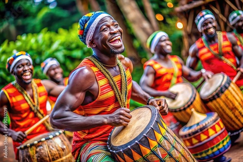 Vibrant colors and dynamic lighting capture the energetic performance of a traditional African drummer, surrounded by pulsing rhythms and rich cultural heritage in motion. photo