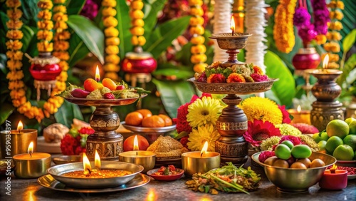 Vibrant colors and ornate decorations surround a beautifully arranged traditional Tamil New Year pooja setting with diyas, fruits, and sacred vessels filled with offerings.