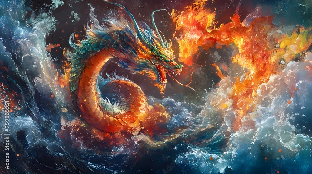 Chinese Zodiac Dragon with Fire and Water: A dragon intertwined with elements of fire and water, symbolizing its control over natural forces, illustrated in a dynamic and vibrant style.
