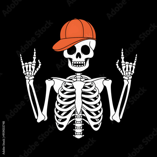 An illustration of a skeleton torso with two hands raised in a rock and roll gesture, wearing an orange baseball cap