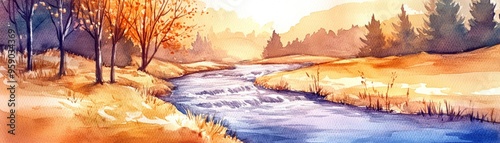 Watercolor illustration of a single fastflowing river next to a calm pond, clipart, isolate on white background, copy space photo