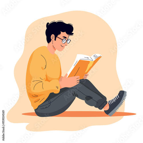 Young man holding open paper book in hands at leisure time. Person reading. Literature, abstract novel reader. Student studying for exam. Flat vector illustration isolated on white background