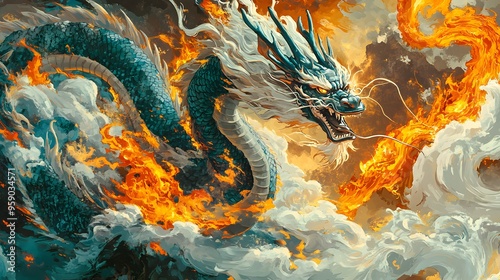 Chinese Zodiac Dragon with Fire and Water: A dragon intertwined with elements of fire and water, symbolizing its control over natural forces, illustrated in a dynamic and vibrant style.
