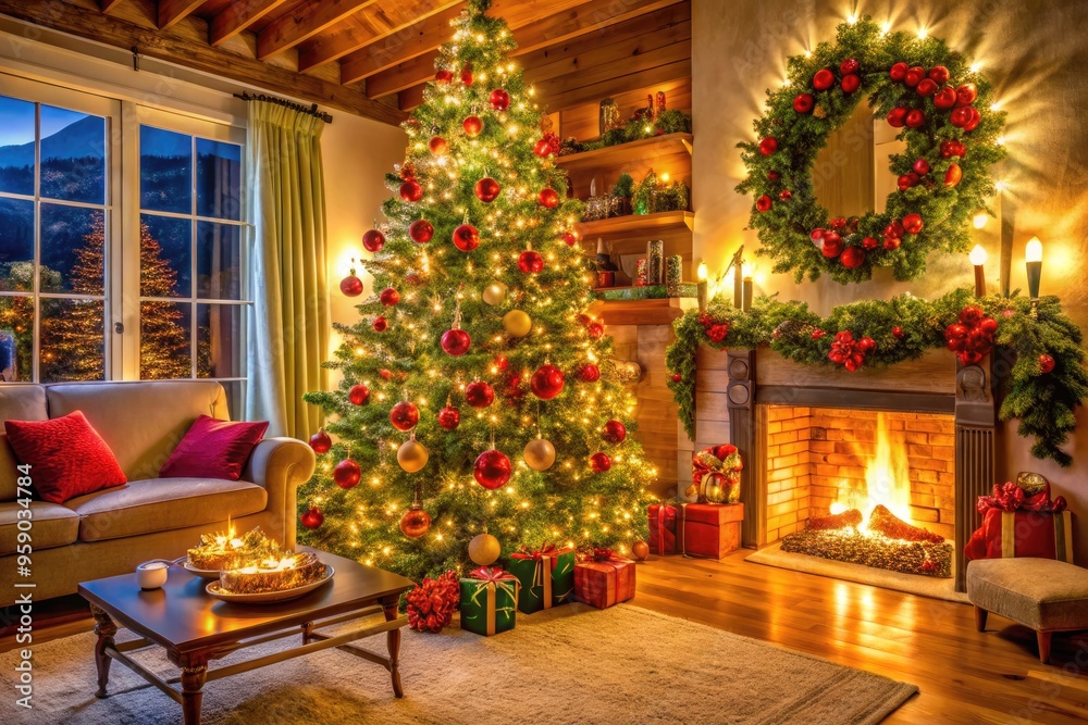 Vibrant decorated Christmas tree stands tall in a cozy living room, adorned with shimmering ornaments, garlands, and twinkling lights, evoking warm holiday magic. Vibrant decorated Christmas tree stands tall in a cozy living room, adorned with shimmering ornaments, garlands, and twinkling lights, evoking warm holiday magic.