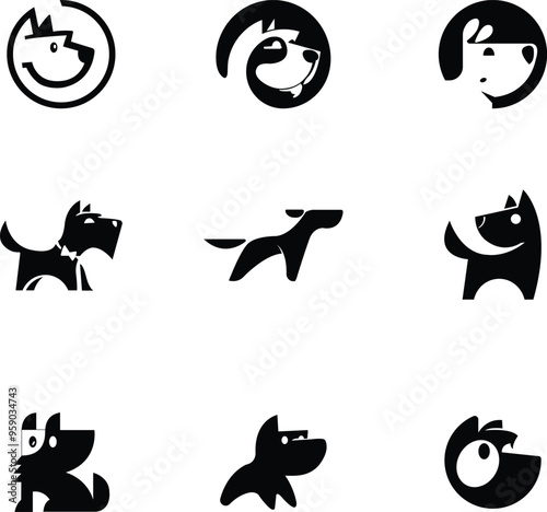 Set of 9 Cute Dog Logos, Icons & Vector Silhouettes.
