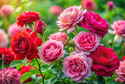 Vibrant, delicate pink and red roses bloom amidst lush greenery, symbolizing deep affection, tender sentiments, and passionate emotions in a serene, idyllic natural setting.