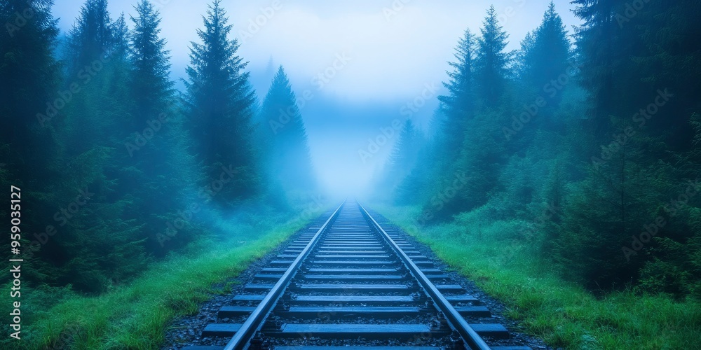 Fototapeta premium Unused train tracks that lead to a foggy forest tell the tale of nature taking back control.