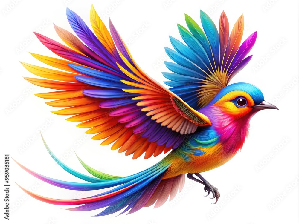 Vibrant digital illustration of a stylized bird in flight, featuring bold lines, bright feathers, and a whimsical expression, isolated on a clean white background. Vibrant digital illustration of a stylized bird in flight, featuring bold lines, bright feathers, and a whimsical expression, isolated on a clean white background.