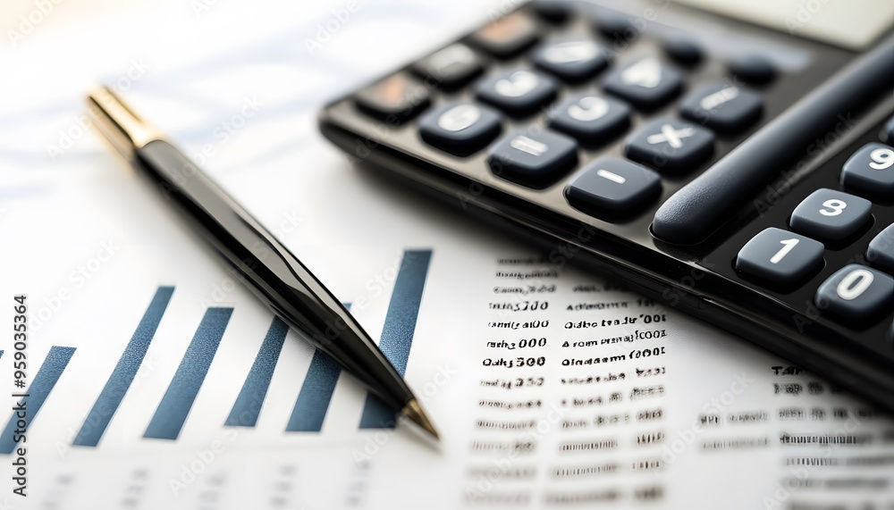 A Black Pen, Calculator, and Bar Graph on a White Desk A Black Pen, Calculator, and Bar Graph on a White Desk
