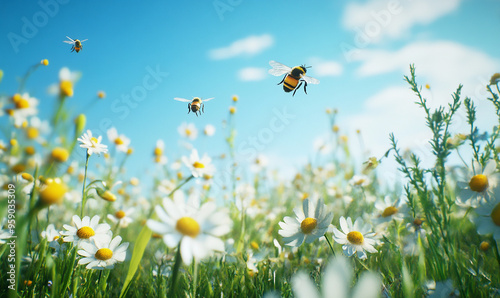 In the vibrant meadow, bees and flowers dance in harmony under a clear blue sky