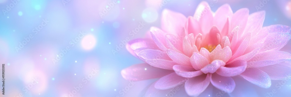 pink shiny translucent flower on dark blur bokeh background