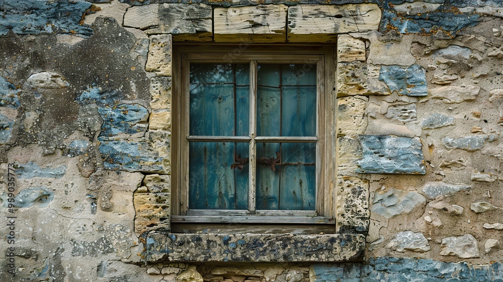 A single, weathered window with a wooden frame and panes set into a stone wall.
