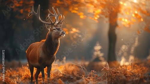 Majestic red deer stag with antlers standing in an autumn forest with golden leaves and sunlight shining through the trees. photo