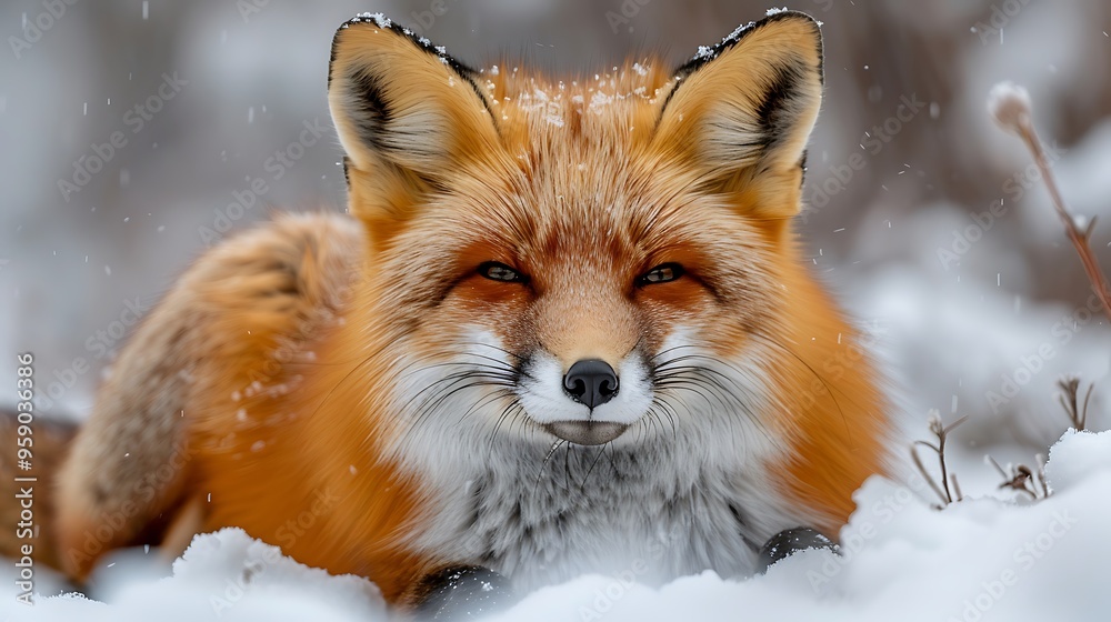 Obraz premium A red fox sits in the snow, looking directly at the camera.