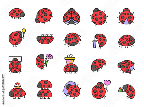 Cute ladybug character. Charming kawaii insect. Hand drawn style. Vector drawing. Collection of design elements.