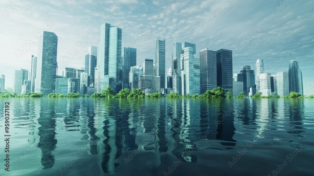 Fototapeta premium Futuristic Cityscape Submerged in Water: Climate Change Visual