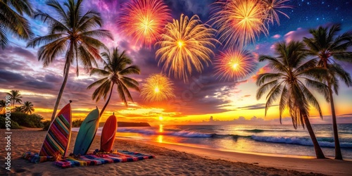 Vibrant fireworks explode over a tropical Hawaiian beach at sunset, palms swaying, surfboard leaning against a beach towel, and colorful lanterns adorn the sandy shore. photo