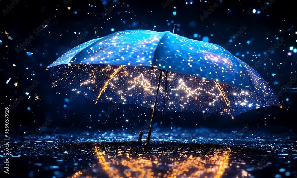 A glowing umbrella in a starry night, surrounded by rain, creating a magical atmosphere.