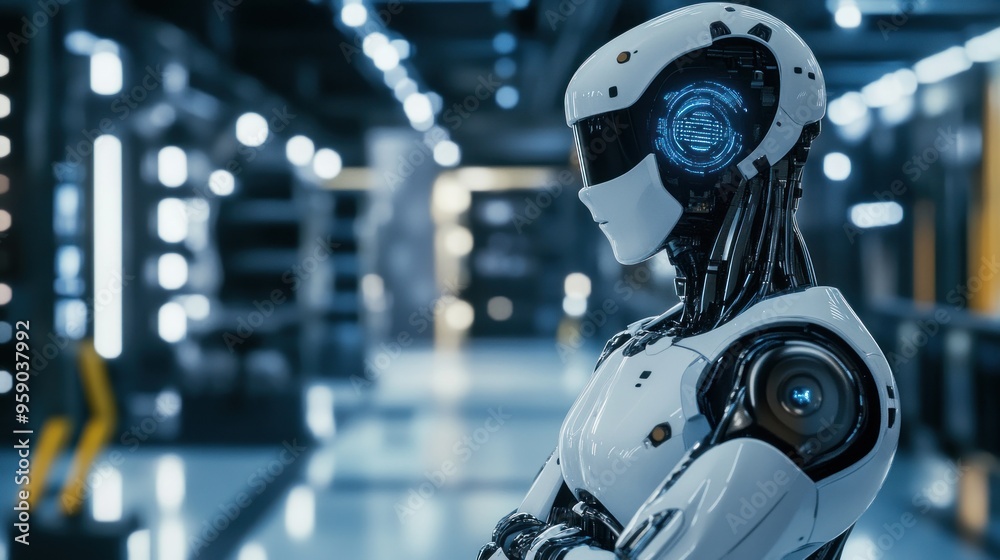 Fototapeta premium Futuristic Robot in a Modern Factory