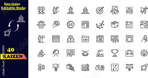 KAIZEN Editable Stroke Icon Collection. This set includes icons representing Japanese business strategies such as continuous improvement, the Kanban method, quality, advancement, success, and implemen