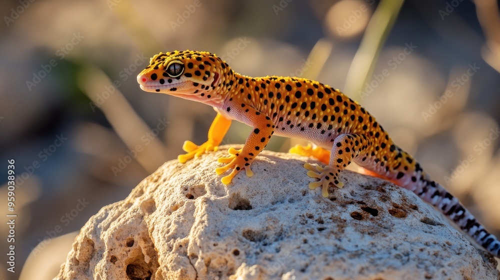 Fototapeta premium A vibrant gecko perched on a rock in a natural setting.