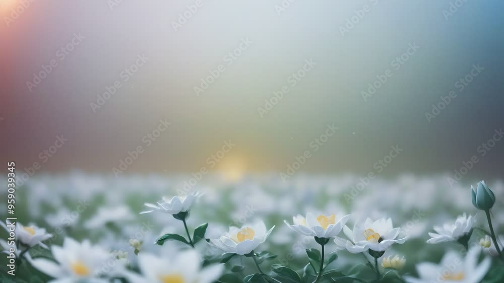 Horizontal video field of white flowers. The background of the image is blurred and has soft pastel shades of blue, pink and green.  A feeling of lightness and carelessness.  Generative AI.