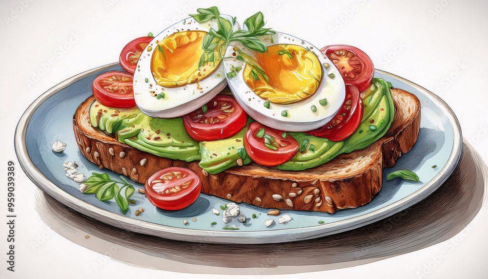 Vibrant digital art of a healthy avocado toast topped with egg and tomatoes Vibrant digital art of a healthy avocado toast topped with egg and tomatoes
