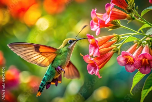 Vibrant green and orange hummingbird moth with iridescent wings and long proboscis feeds on nectar from a delicate, pink, trumpet-shaped flower in warm sunlight. photo