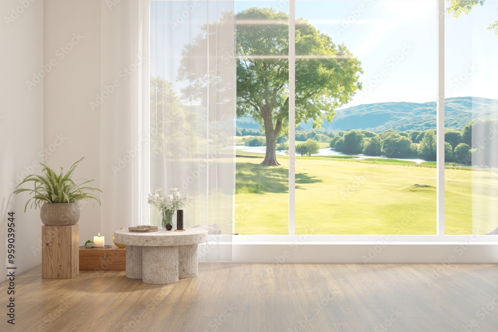 White empty room with summer landscape in window. Scandinavian interior design. 3D illustration