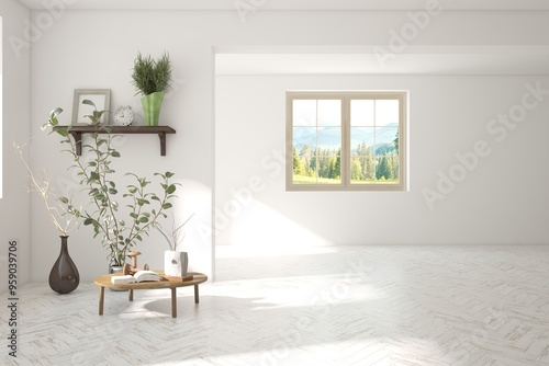 Obraz na płótnie White empty room with summer landscape in window. Scandinavian interior design. 3D illustration w salonie