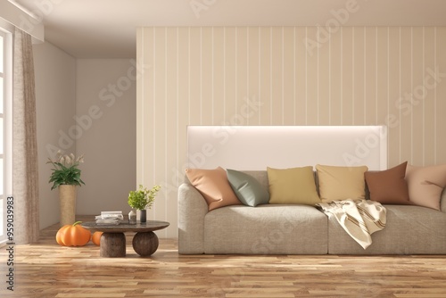 Interior design of modern apartment. Interior mockup. Scandinavian interior design. 3D illustration