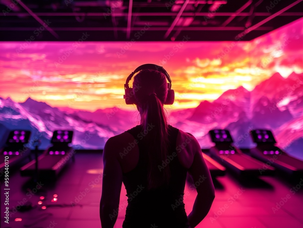 A woman in headphones stands facing a large screen displaying a vibrant sunset and mountains. She is in a gym with treadmills in the foreground. A woman in headphones stands facing a large screen displaying a vibrant sunset and mountains. She is in a gym with treadmills in the foreground.