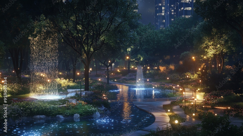 Serene Nighttime Garden with Fountains and Path Serene Nighttime Garden with Fountains and Path