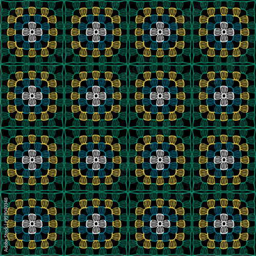 Pattern with crochet granny square wallpaper handmade decorative art design print 