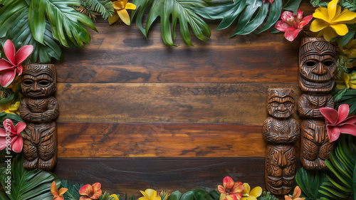 An antique wood tiki mask sign for a custom message or design element - rustic tropical background that allows for type and graphics - a border of tropical leaves, flowers and wood totems, sign, color